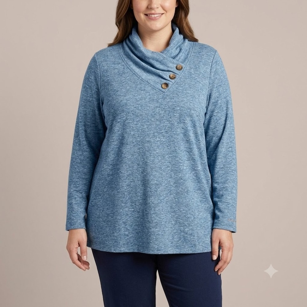 Soft Surroundings Cowl Neck Top Women's 1X Blue Button Detail Long Sleeve